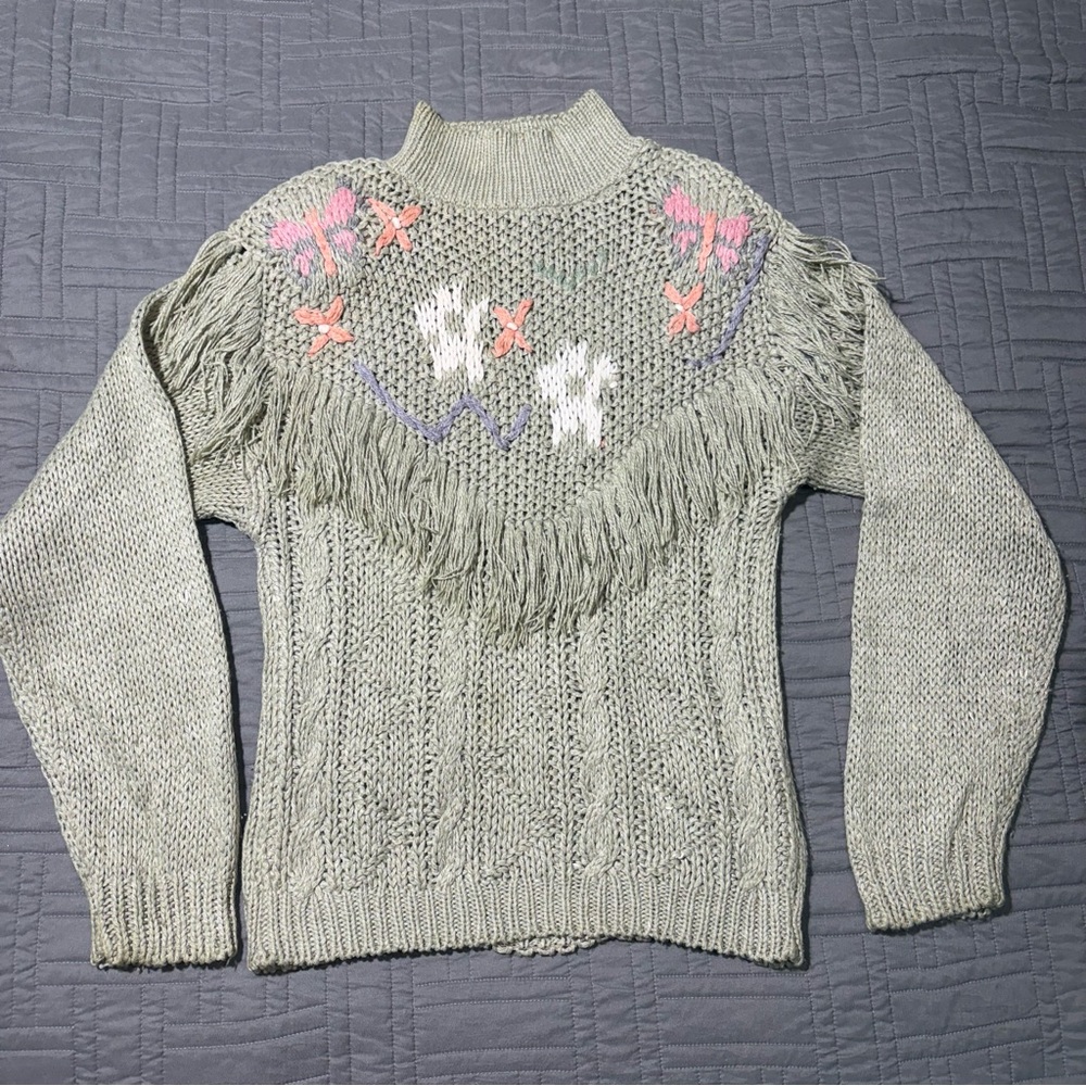 Vintage Jamie Scott Hand Knit Green Floral Fringe Cable Knit Sweater Size Small